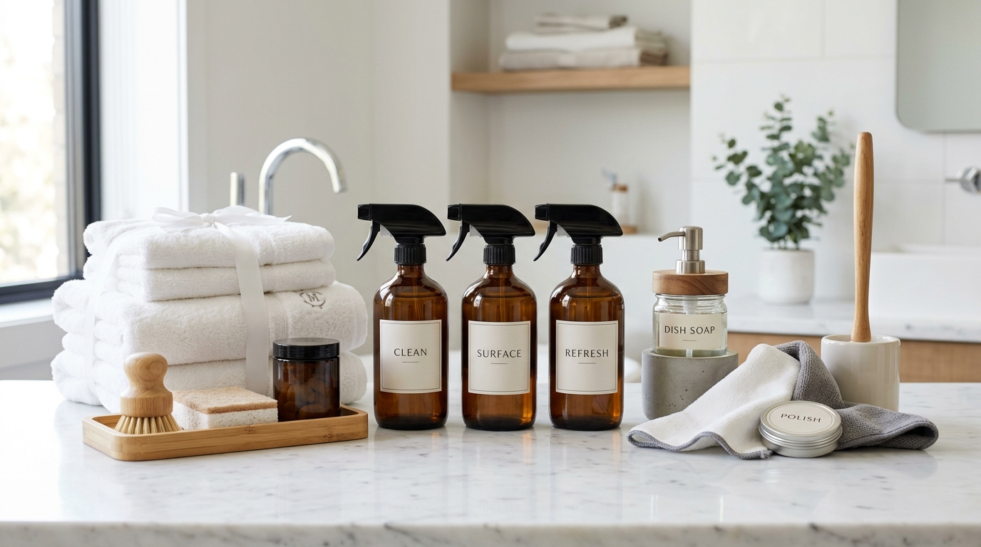 Professional cleaning supplies organized on a countertop