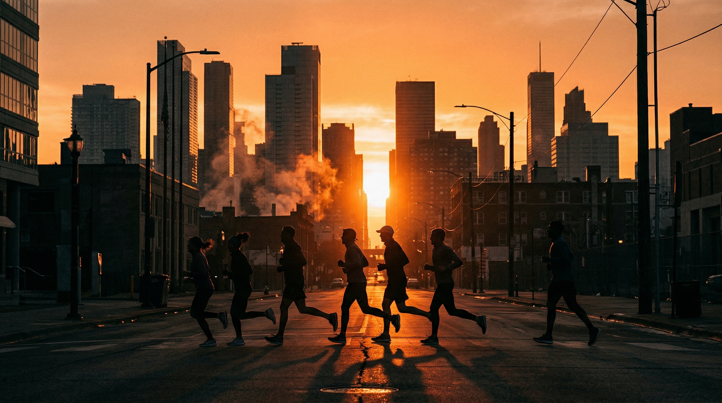 Runners silhouetted against a sunrise cityscape
